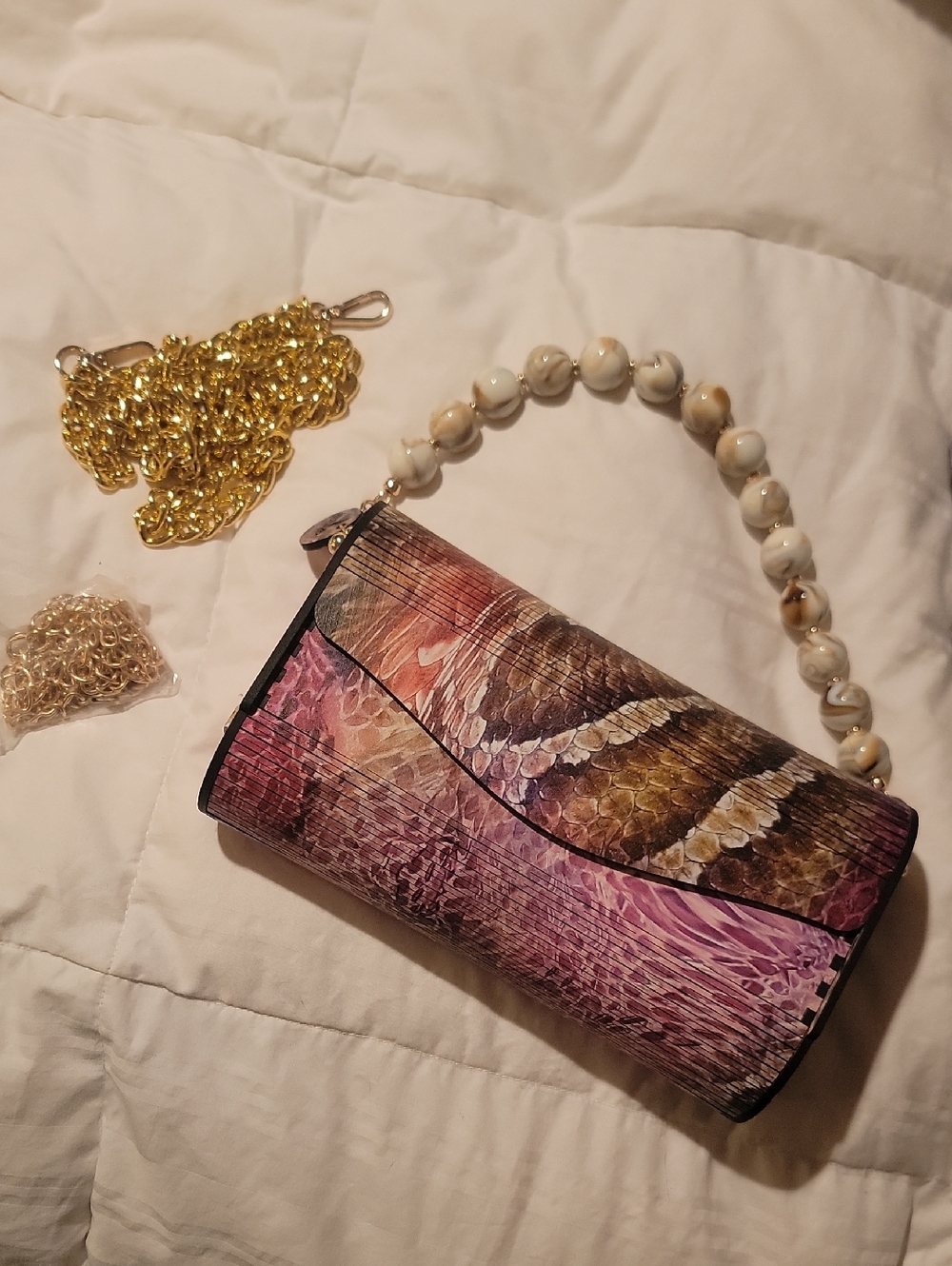 Women's Multicolor Snakeskin-Print Shoulder Bag with Beaded Handle Laser Made